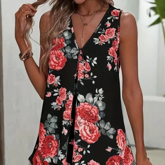 Women's Plus Size Floral Print Relaxed Fit Summer Fashionable Sleeveless Top 14W - Picture 4 of 11